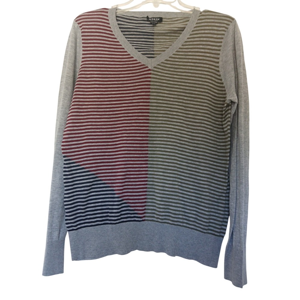 Worth New York 100% Cotton Striped V-Neck Knit‎ Sweater Colorblock Large